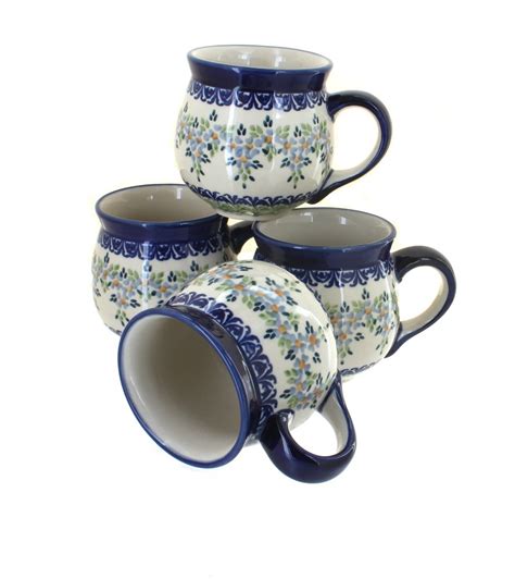 Blue Rose Polish Pottery Summer Vine 4 Piece Bubble Mug Set