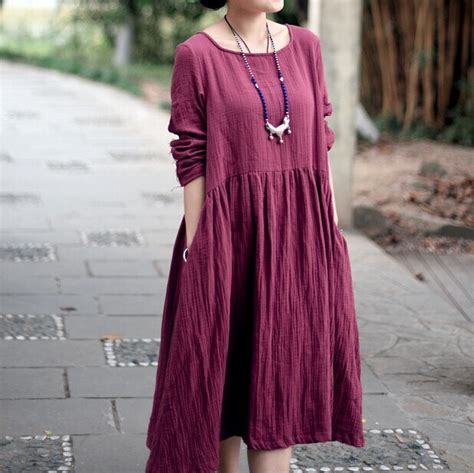 New Women Spring Autumn Cotton Linen Dress Loose Casual Long