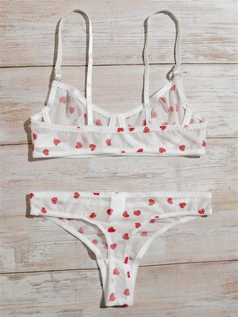 Heart Pattern Mesh Underwire Lingerie Set Shein Uk