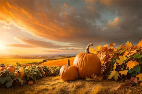 Pumpkins on a hill with fall leaves and a pumpkin in the background ...