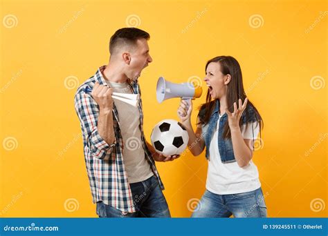 Angry Fun Expessive Crazy Couple Woman Man Football Fans Screaming