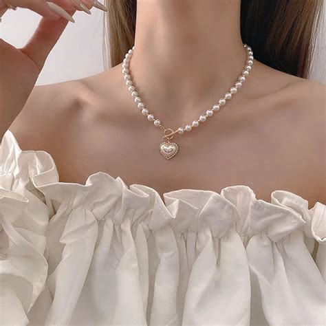 Mengjiqiao Korean Elegant Pearl Beads Necklace For Women Ladies Fashion Rhinestone Shell Heart