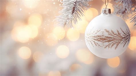 White Christmas Ball Hanging On A Snowy Fir Tree Branch Bokeh Effect