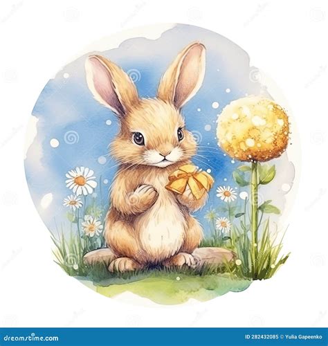 Cute Watercolor Bunny Illustration Ai Generative Stock Illustration