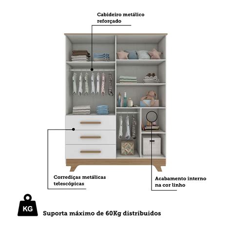 Guarda Roupa Infantil 4 Portas 3 Gavetas em MDF Kakau Retrô Branco