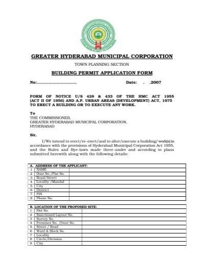 Building Permit Application Form Greater Hyderabad Municipal