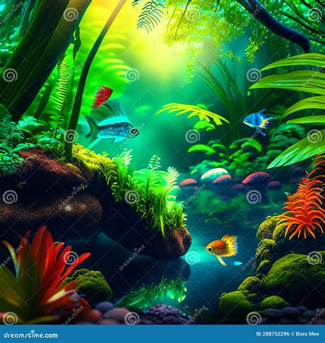 Tropical Fish in a Beautiful Aquarium. 3d Rendering Stock Illustration - Illustration of ...