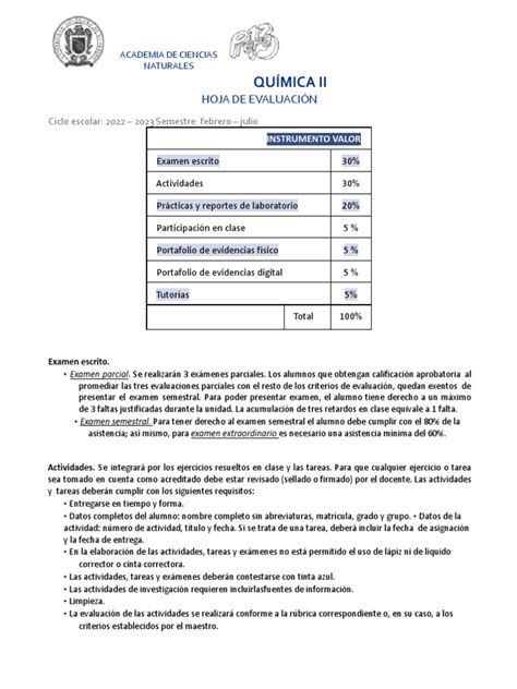 Criterios De Evaluación Química Ii Febrero Julio 2023 Pdf Evaluación Aprendizaje