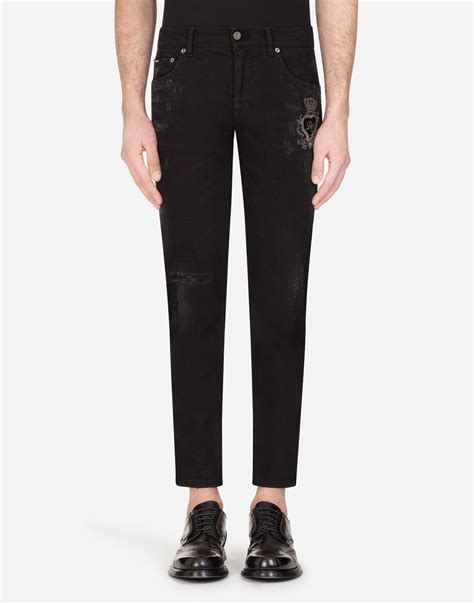 Dolce And Gabbana Denim Skinny Stretch Jeans With Patch In Black For Men