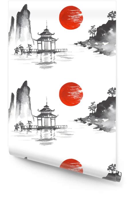 Wallpaper Roll Japan Traditional Japanese Painting Sumi E Art Sun Lake