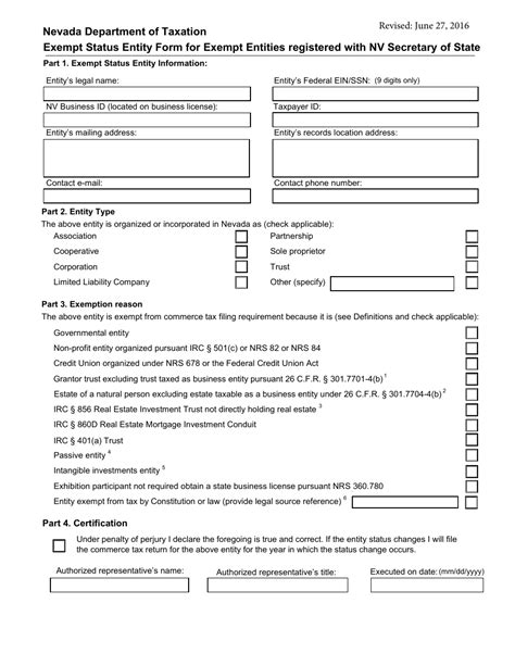 Nevada Exempt Status Entity Form for Exempt Entities Registered With Nv ...