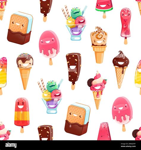 Cartoon Ice Cream Characters Seamless Pattern Vector Background With