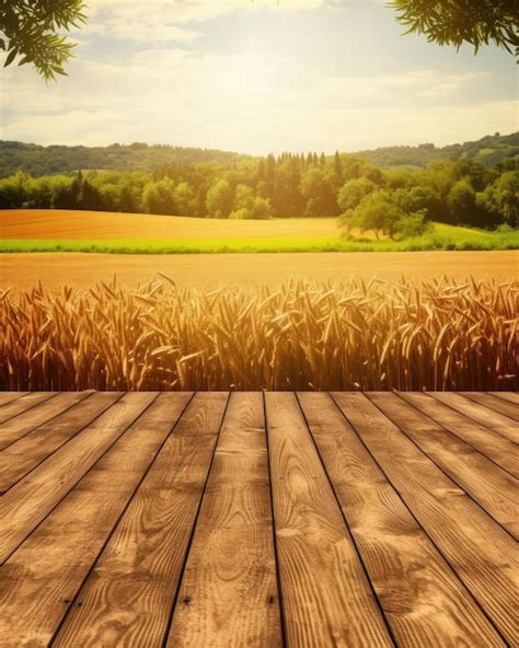 Piso De Madeira Vazio Em Um Campo Um Campo De Trigo Ao Fundo Foto