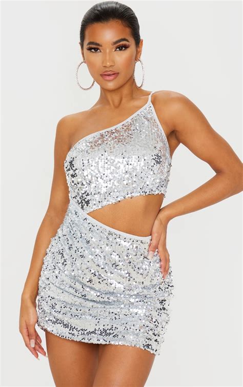 Silver Sequin One Shoulder Cut Out Ruched Dress Prettylittlething Ie