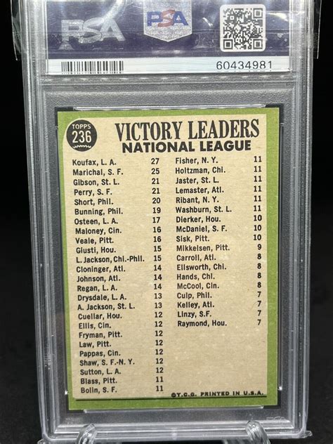 1967 Topps 236 NL Pitching Leaders W Koufax Marichal Perry HOF PSA 8