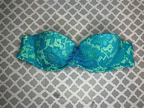 Victoria S Secret Strapless Bikini Top Lace Swim Teal Gem