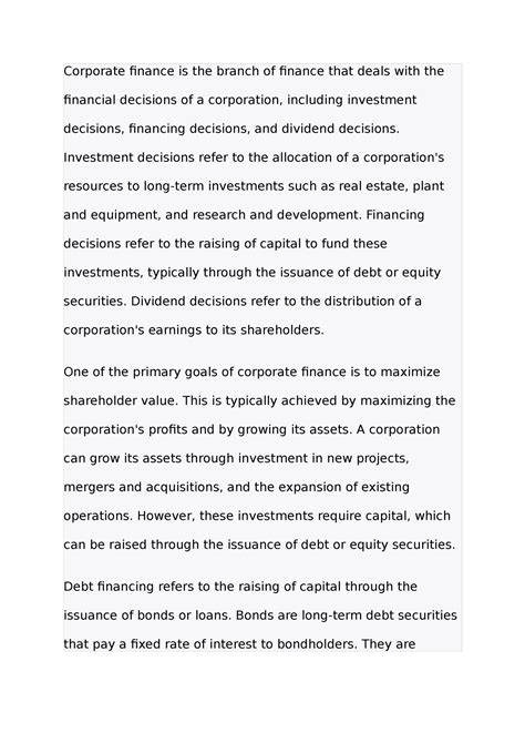 Corporate Finance Essay Corporate Finance Is The Branch Of Finance