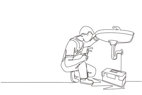 Continuous One Line Drawing Plumber Worker Repairs Sink In Bathroom And