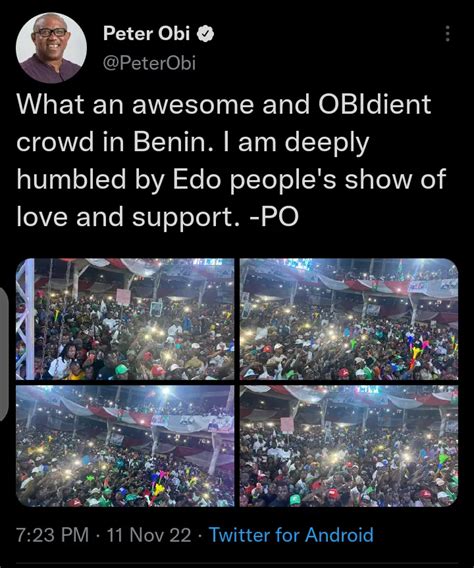 Peter Obi Reacts To The Massive Crowd That Attended His Rally In Edo