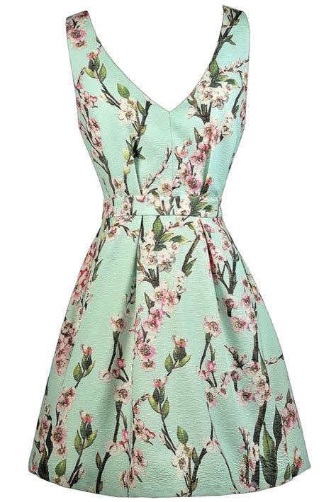 Printed Mint Dress, Cherry Blossom Print Dress, Cute A-Line Dress, Printed Summer Dress, Cherry ...