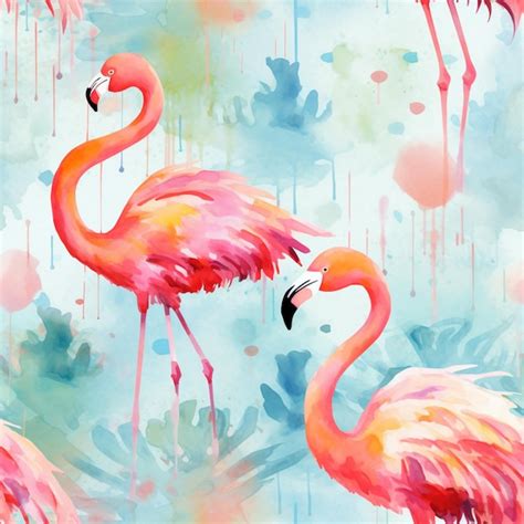Premium Photo | Flamingos are standing in a row with watercolor paint