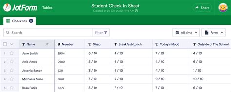 Student Check In Sheet Template Jotform Tables