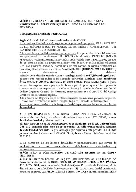 Demanda Divorcio Causal SeÑor Juez De La Unidad Judicial De La