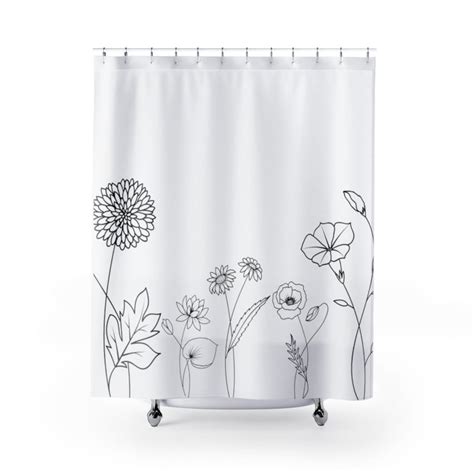 Black And White Wildflower Shower Curtain Modern Bath Decor Etsy