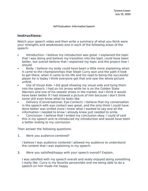 Self Evaluation Informative Tyreese Lower July 19 2020 Self Evaluation Informative Speech