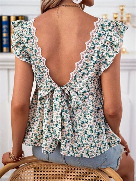 Shein Blusa Peplum Floral Dits Amarrar Manga De Babados Blusas