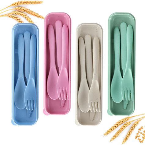 Reusable Travel Utensils Set With Case 4 Pack Reusable Wheat Straw Portable