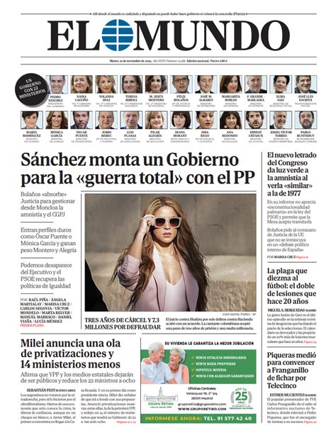 Portada De EL MUNDO Del Martes 21 De Noviembre De 2023 Medios