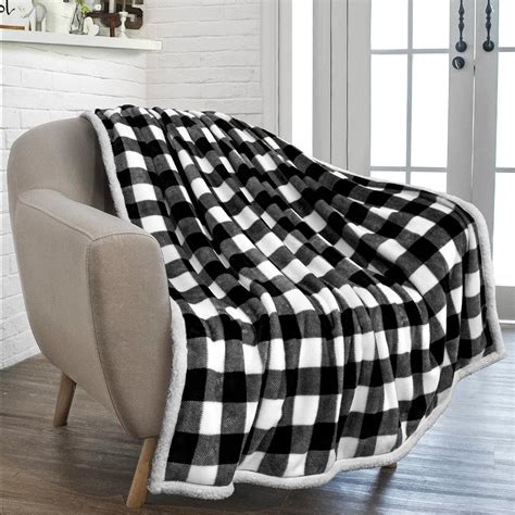 Pavilia Black And White Buffalo Plaid Sherpa Fleece Throw