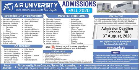 Air University Islamabad Admission Schedule 2024 Apply Merit List