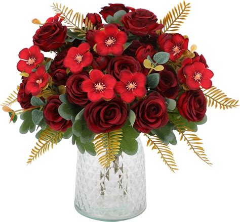 Floralsecret Bunches Red Artificial Roses Bouquet Faux Flower Silk