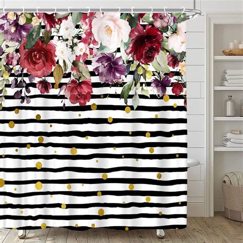 Amazon Hipaopao Floral Stripe Shower Curtain Pink Flower Fabric