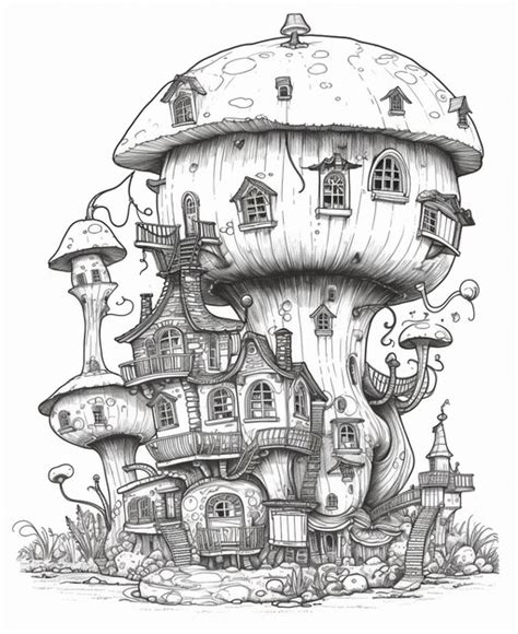 Premium AI Image | A drawing of a mushroom house with a house on it.