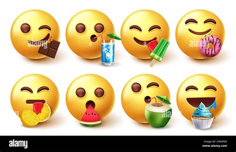 Emoji Eating Characters Vector Set Emojis 3d Eating And Drinking Foods