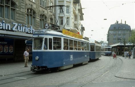 Zürich VBZ Tram 5 Be 4 4 1403 Stauffacher im Juli 1983 Bahnbilder de