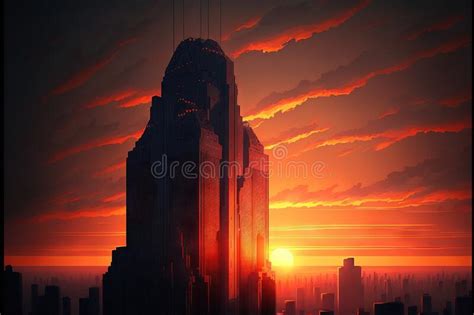 A Very Tall Building With A Sunset In The Background And Clouds In The Sky Above It And A City