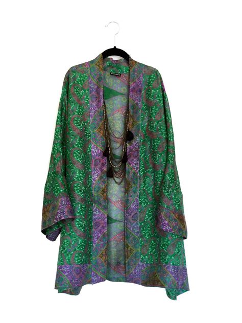 Silk Kimono Jacket Oversized Cover Up In Green And Purple With An