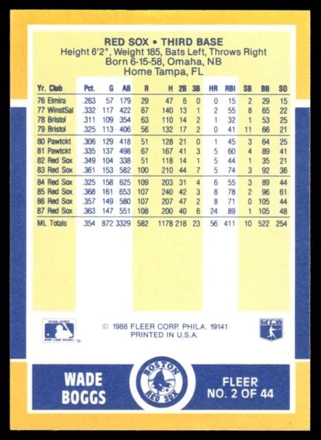 1988 CARTE DE Baseball Fleer Baseball MVP Wade Boggs Boston Red Sox 2