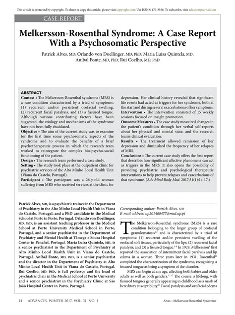 Pdf Melkersson Rosenthal Syndrome A Case Report With A Psychosomatic