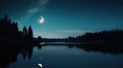 Premium AI Image | photo of stary night sky with moon over a reflective shiny lake at nighttime ...