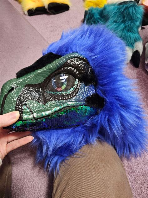 Sequin Dromaelocera Raptor Mask With Detachable Fins Furry Mask Dino