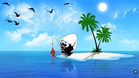 Fishing With Background Of Blue Sky And Trees HD Cartoon Wallpapers ...