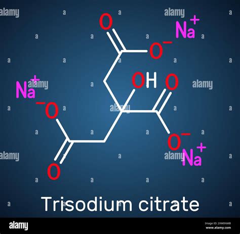 Sodium citrate, trisodium citrate molecule. Food additive, anticoagulant. Structural formula ...