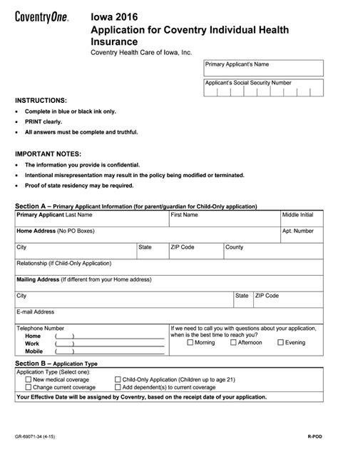 Fillable Online Iowa B B Application For Coventry Individual Health