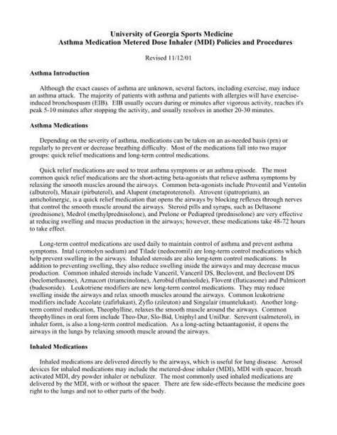 Asthma Medication Metered Dose Inhaler (MDI) Policies and