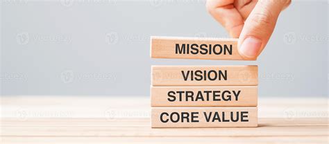 Business Man Hand Holding Wooden Block With MISSION VISION STRATEGY